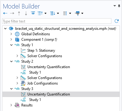 A screenshot of the Model Builder window with the Uncertainty Quantification study node selected under the Study 3 branch.