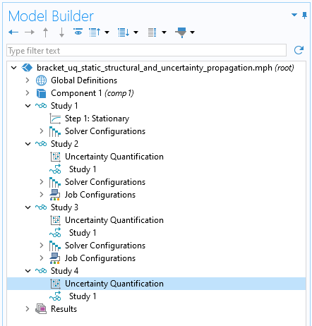 A screenshot of the Model Builder window with the Uncertainty Quantification study node selected under the Study 4 branch.