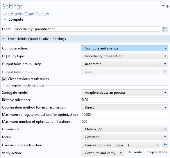 The Settings window for the Uncertainty Quantification study with the Quantities of Interest section and Input Parameters section expanded.
