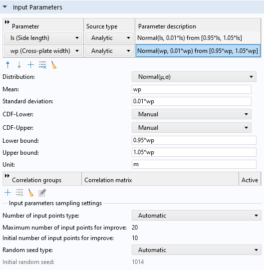 A screenshot of the Input Parameters section of the uncertainty propagation analysis, which shows a table listing the input parameters added to the study and their settings.