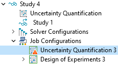 A screenshot of part of the model tree with the Job Configurations node expanded and the Uncertainty Quantification 3 node selected, which displays a solid, orange triangle with an exclamation point in it.