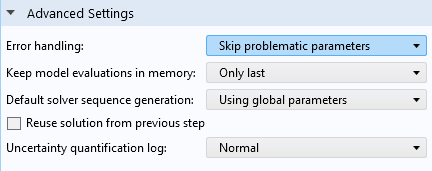 A screenshot of the Settings window in the COMSOL Multiphysics UI, zoomed in on the Advanced Settings section.