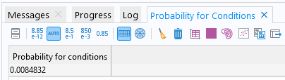 A screenshot of the Messages/Progress/Log window section of the COMSOL Multiphysics UI, with a table displaying the value for the condition to be fulfilled.