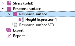 A screenshot of part of the Results branch in the model tree with the Response surface node selected.