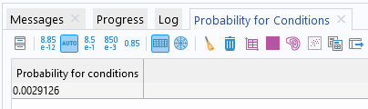 A screenshot of the Messages/Progress/Log window section of the COMSOL Multiphysics UI with the Probability for Conditions table displayed.