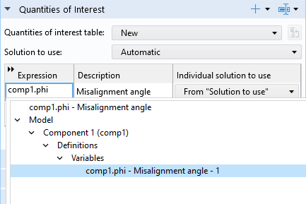 The Quantities of Interest section of the UQ study settings with the navigation for the used expression expanded.