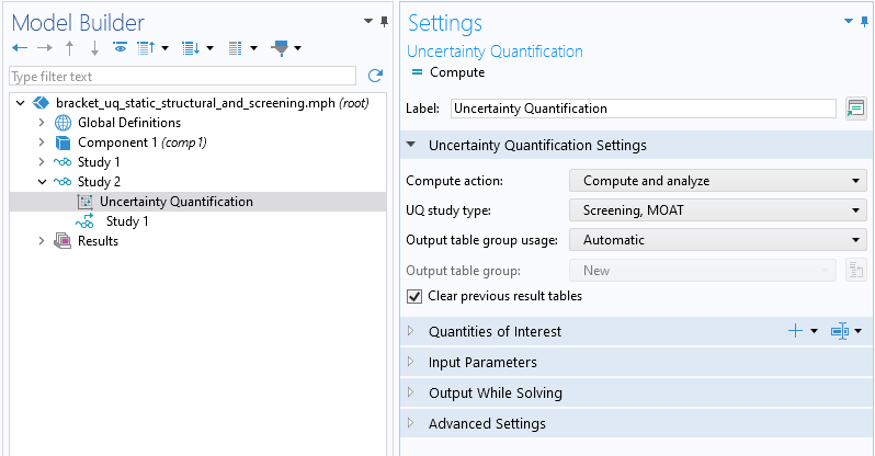 The Model Builder with the Uncertainty Quantification study selected and the corresponding Settings window