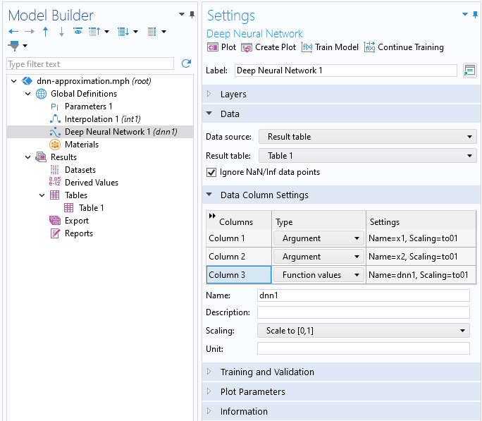 The Model Builder with the Deep Neural Network function node selected and the corresponding Settings window.