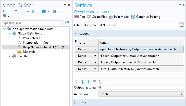 The Model Builder with the Deep Neural Network function node selected and the Layers section of the Settings window expanded.