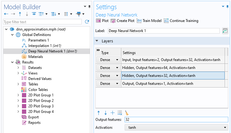 The Model Builder with the DNN function node selected and the corresponding Settings window, with the Layers section expanded.