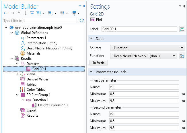 The Model Builder with the Grid 2D 1 node selected and part of the corresponding Settings window, which has the Deep Neural Network node selected for the function.