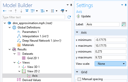 A close-up view of the Model Builder, where the Views node under the Results node is expanded and the Axis subnode is selected, and a close-up view of the Axis section of the Settings window.