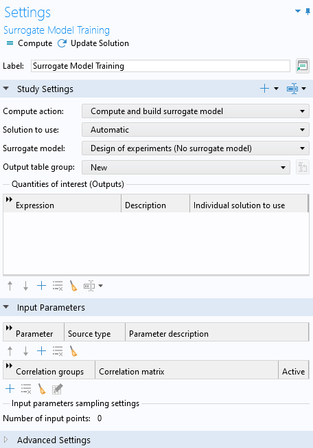 The Settings window for the Surrogate Model Training study, with the Study Settings section and Input Parameters section expanded.