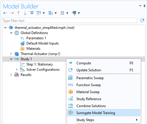 The model tree with the Study 1 node selected and the corresponding menu of options shown, with the Surrogate Model Training study selected.