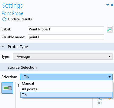 The Settings window for the Point Probe feature, with the options for the Source Selection expanded.