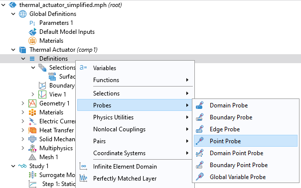 The model tree with the Definitions node selected and the corresponding menu, with the Probes section displayed and the Point Probe option selected.