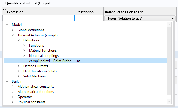 A close-up of the Quantities of interest table with the expressions field expanded in the Surrogate Model Training study Settings window.