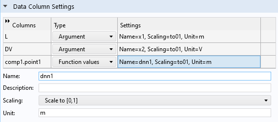 The Settings window for the Deep Neural Network function, with the Data Column Settings section expanded.