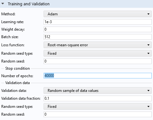 The Settings window for the Deep Neural Network function, with the Training and Validation section expanded.