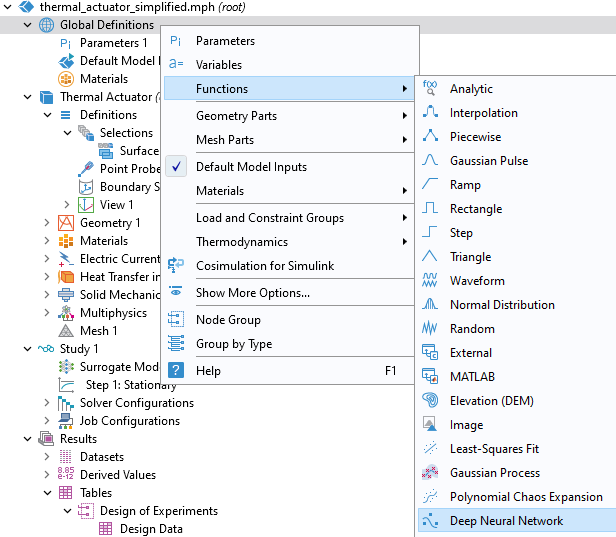 A screenshot of part of the model tree where the menu for the Global Definitions node is open and the Functions section is expanded with the Deep Neural Network option selected.