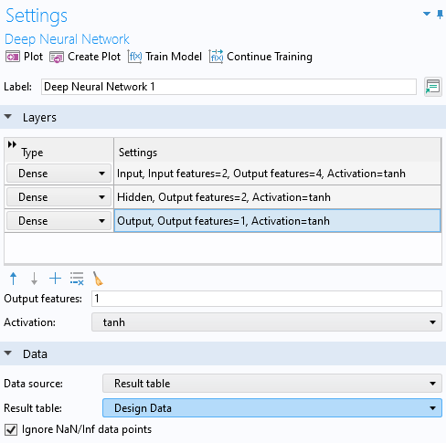 The Settings window for the Deep Neural Network function, with the Layers section and Data section expanded.