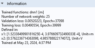 The Settings window for the Deep Neural Network function, with the Information section expanded, which contains several lines of brief text.