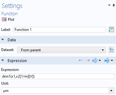 Part of the Settings window for the Function plot, in which the Data and Expression sections are expanded.
