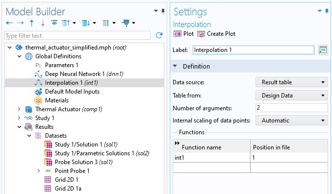 A screenshot of part of the Model Builder with the Interpolation function node selected and the corresponding Settings window.