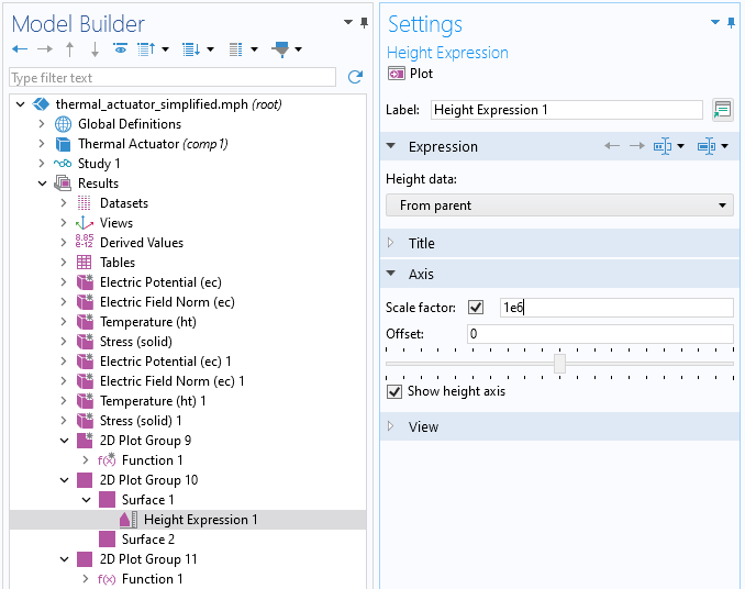 A screenshot of part of the Model Builder with the Height Expression node in the model tree selected and the corresponding Settings window.