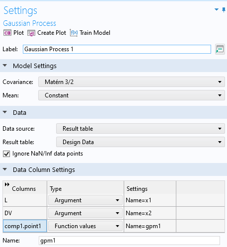 The Settings window for the Gaussian Process function, with the Model Settings, Data, and Data Column Settings sections expanded.