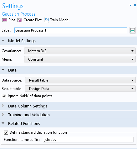 The Settings window for the Gaussian Process function, with the Model Settings, Data, and Related Functions sections expanded.