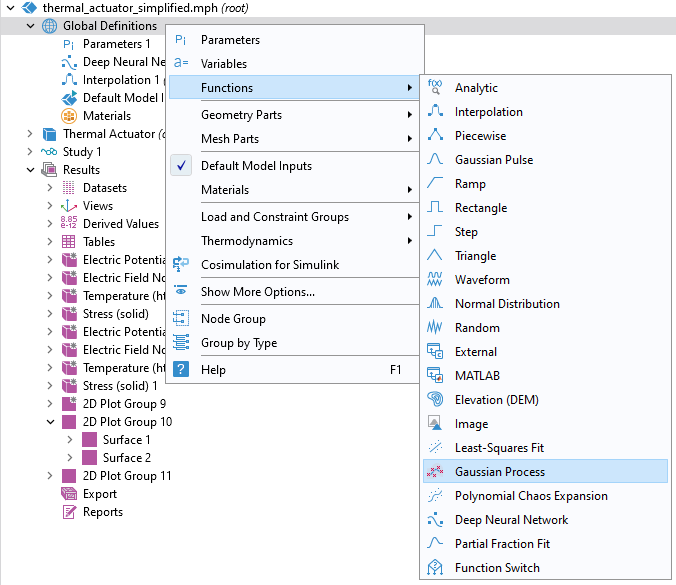 A screenshot of part of the model tree where the menu for the Global Definitions node is open and the Functions section is expanded, with the Gaussian Process option selected.