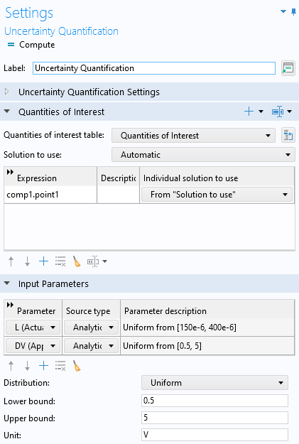 The Settings window for the Uncertainty Quantification study, with the Quantities of Interest section and Input Parameters section expanded.