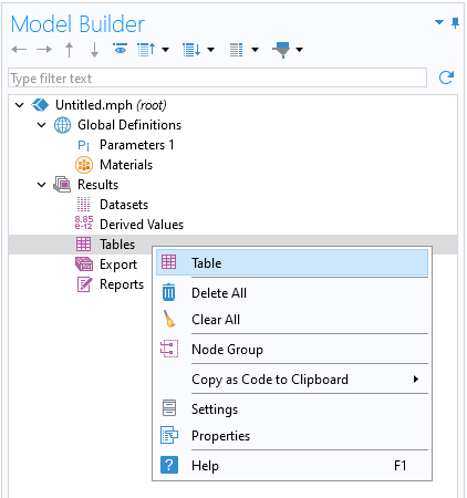 The model tree with the Tables node selected and the corresponding menu shown, in which the Table option is selected.
