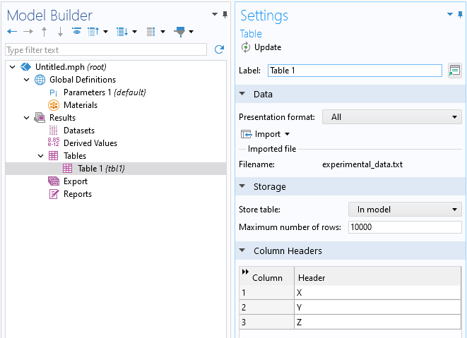 The Model Builder with the Table 1 node selected and the corresponding Settings window.