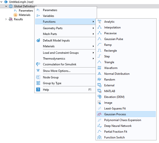 The model tree with the menu for the Global Definitions node shown, with the Gaussian Process function selected under the Functions section.