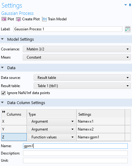 Part of the Settings window for the Gaussian Process function, showing the Model Settings, Data, and Data Column Settings sections.