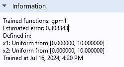 The Information section of the Settings window for a Gaussian Process function, which contains several brief lines of text.