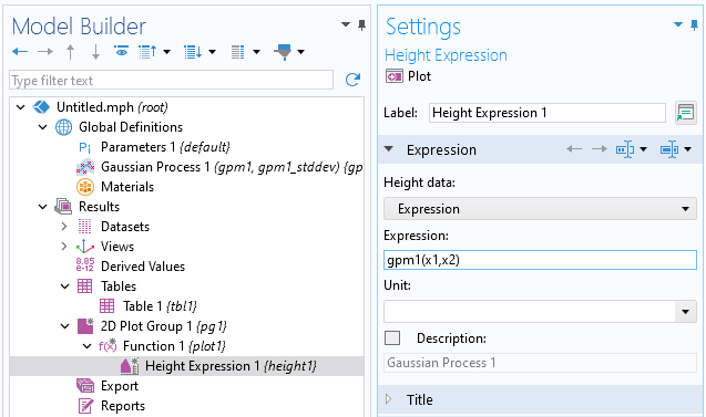 The Model Builder with the Height Expression 1 node selected and the corresponding Settings window.