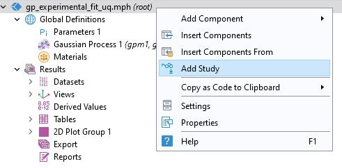 The model tree with the root node selected and the corresponding menu of options shown, with the Add Study option selected.