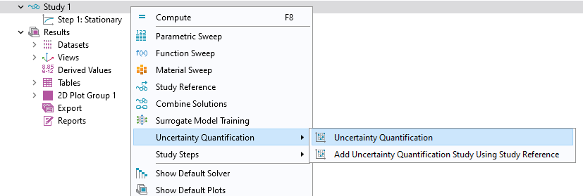Part of the model tree with the Study 1 node selected and the corresponding menu shown, with the UQ section displayed and the Uncertainty Quantification option selected.