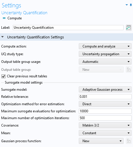 Part of the Settings window for the UQ study, with the Uncertainty Quantification Settings section expanded.