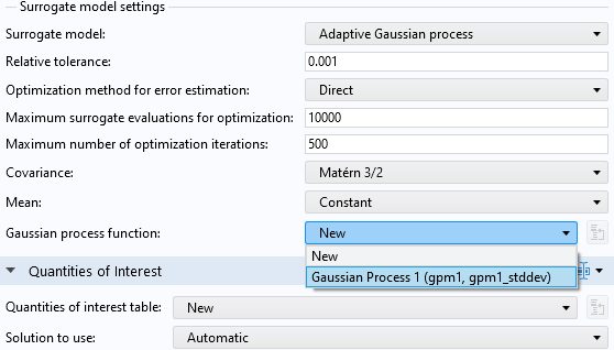 Part of the Settings window for the UQ study, with the Gaussian process function setting highlighted.