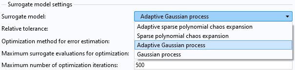 Part of the Uncertainty Quantification study Settings window with the Adaptive Gaussian process option highlighted.