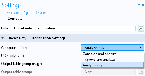 Part of the Uncertainty Quantification study Settings window with the Compute action setting highlighted.