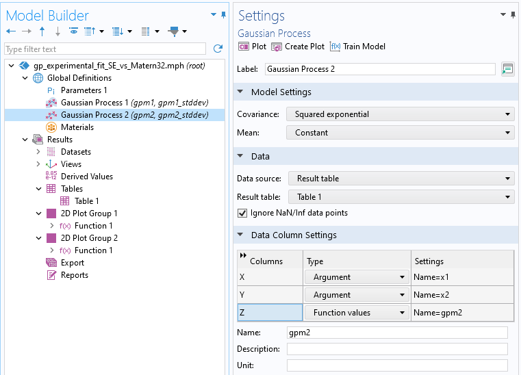 The Model Builder with the Gaussian Process 2 node selected and the corresponding Settings window.
