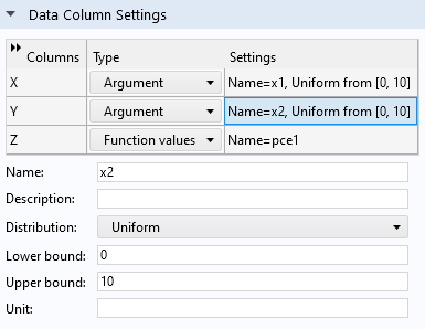 A close-up of the Data Column Settings section of the settings for the Polynomial Chaos Expansion function.