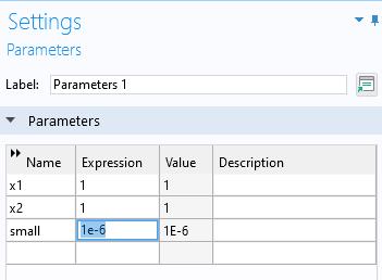Part of the Settings window for the Parameters node, which includes a table.