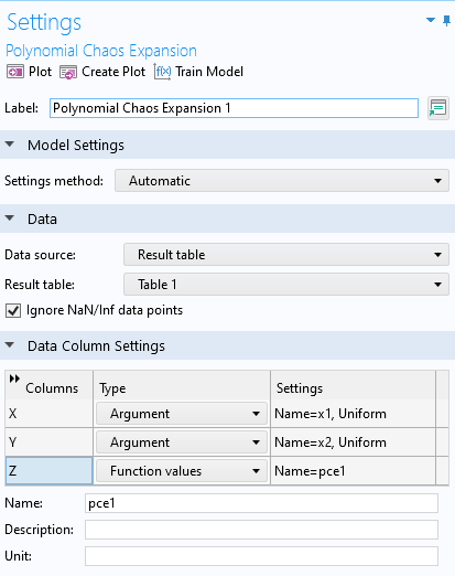 Part of the Settings window for the Polynomial Chaos Expansion function, with the Model Settings, Data, and Data Column Settings sections expanded.