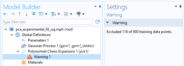 A close-up of part of the Model Builder with the Warning node in the model tree selected and the corresponding Settings window.